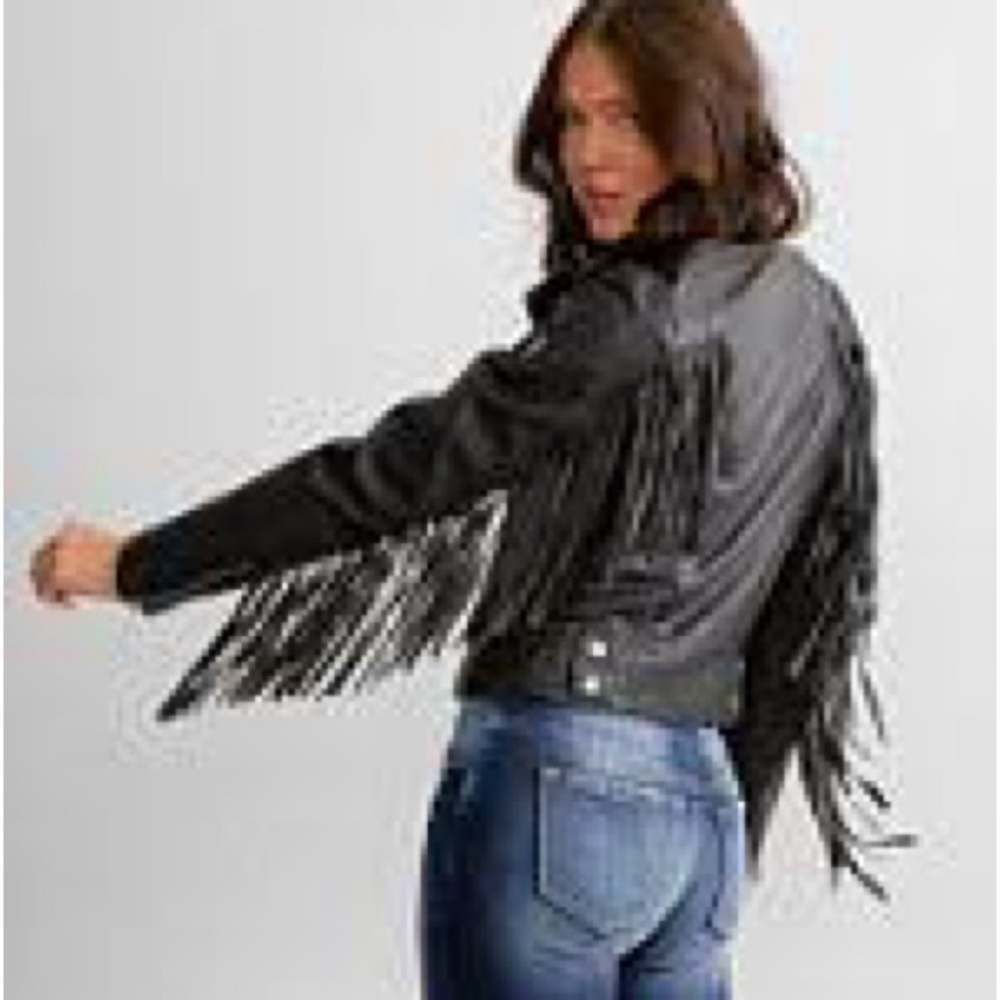 Mauritius (purchased online from Free People) Black Leather Zoey Fringe Jacket